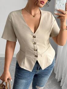 Elenzga Blusa de manga corta con cuello en V de estilo francés para mujer talla grande, de verano