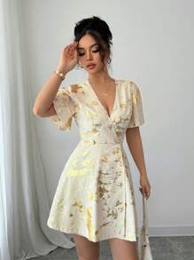 Rafferiza Elegant Figure-Flattering Elastic Waist Gathered Apricot Color Gold Crossed-Front Button-Up Ruffle Hem Butterfly Sleeve Front Slit Fit And Flare Short Dress For Women - Multicolor - View 4