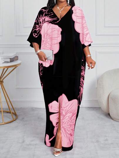 SHEIN Lady Spring And Summer Casual Elegant Boho Black Woven V Neck Straight Tunic Dress Kaftan Dress Long Plus Size Dresses Easter Dress Women Spring Outfits For Women,Sun Dresses For Women