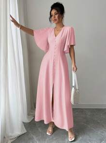 Elenzga Women's Simple Solid V-Neck Cinched Waist A-Line Split Hem Flare Sleeve Dress, Elegant French Style For Casual, Afternoon Tea Party, Vacation, Commute