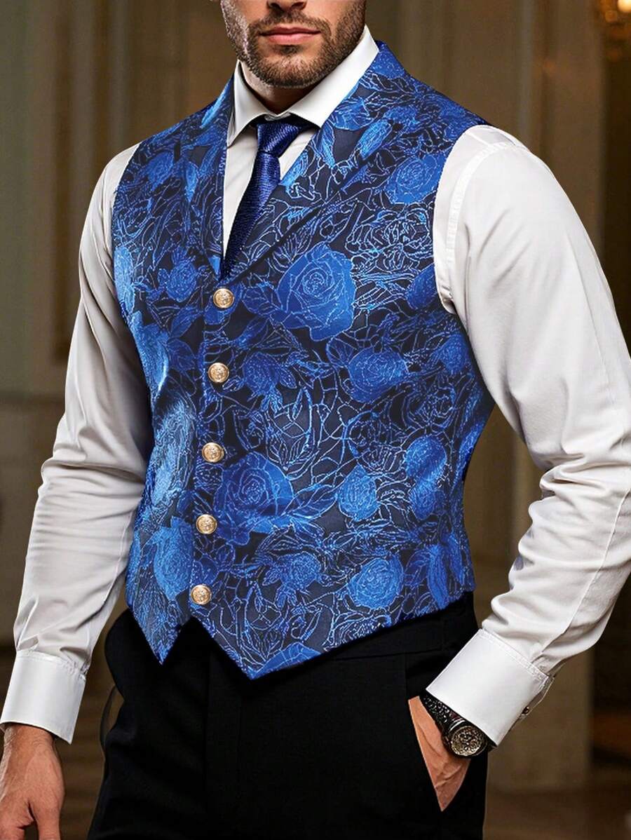 Manfinity Mode 男士派对图案马甲 - 藍色 - 查看 1