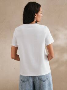 Anewsta 女士优雅花卉印花手工珍珠水钻装饰短袖 T 恤，适合春夏休闲、节日、度假、假日、海滩 - 白色 - 查看 2