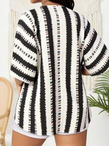 SHEIN VCAY CURVE Áo cánh rộng rãi hở tay kẻ sọc cỡ lớn cho nữ - Đen và trắng - Xem 2