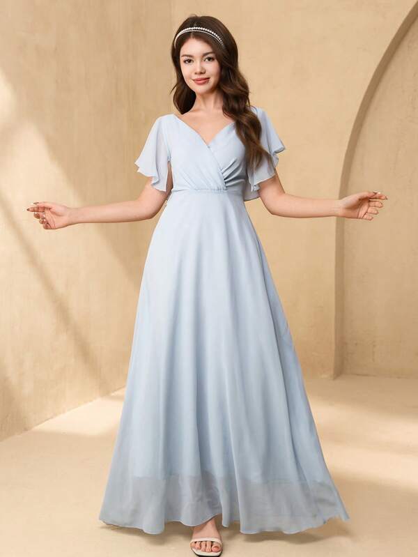 SHEIN Elegant Flowing Chiffon V-Neck A-Line Dress With Open Sleeves, Suitable For Flower Girls, Teens, Wedding, Prom, Birthday Party, Performance