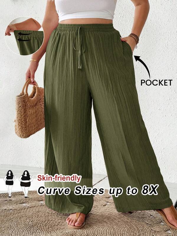 SHEIN CURVE+ Plus Size Summer Women Casual Beach Wear, Fashion Office Lady Eleganckie spodnie Lotus Root Purple & Pink Wide Leg, Spodnie z kieszeniami, Strój na wakacje na plaży