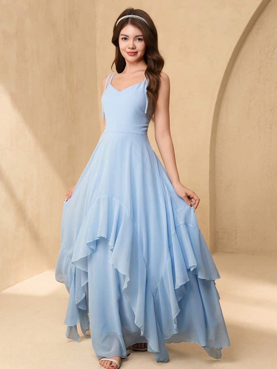 SHEIN Long Chiffon V-Neck Asymmetrical Hem Bridesmaid Dress, Suitable For Flower Girl, Teenager, Wedding, Party, Birthday