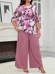 Reflora Bộ 2 áo sơ mi tay loe in họa tiết Batik cỡ lớn cho nữ và quần ống rộng, trang phục ngày lễ - Nhiều màu - Xem 3