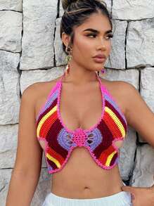 SHEIN SXY Women Sexy Striped Backless Halter Crop Top For Vacation