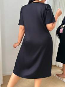 SHEIN Plus Size Letter Print Short Sleeve Nightgown - Black - View 2