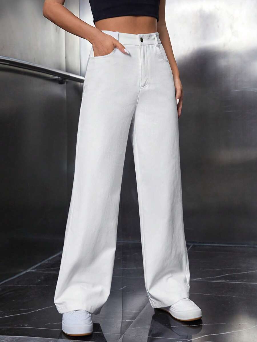 SHEIN PETITE Quần ống rộng màu trơn cho nữ mặc thường ngày - trắng - Xem 1