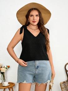 SHEIN Holidaya Plus Size Women's Jacquard Splice White Floral Lace Regular Spring/Summer Vacation Off-Shoulder Tie Bow Black Blouse