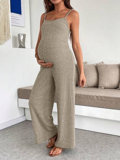 SHEIN Maternity Solid Color Ribbed Casual Jumpsuit With Suspenders