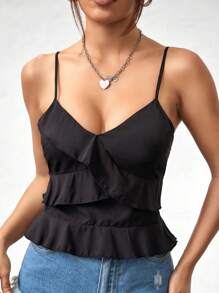 Flirla Blusa Sin Mangas De Mujer Con Dobladillo De Volantes Y Color Sólido