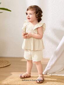 Cozy Pixies 2 件套女婴套装：无袖荷叶边圆领上衣和松紧腰短裤 - 杏色 - 查看 5