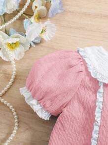 SHEIN Baby Mädchen Sommer süßes rosa farblich abgesetztes Set mit Peter Pan Kragen Bluse und Rüschensaum Mini Rock - Verschiedenfarbig - Übersicht 7