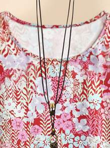 大码女式花卉印花圆领短袖T恤图案T恤女式上衣