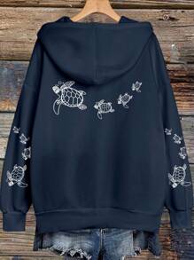 Calvaya Große Größen Hoodie mit Schildkröten-Muster, Grafik und Kordelzug, Lehrer, Rückkehr zur Schule Pullover Herbst Winter