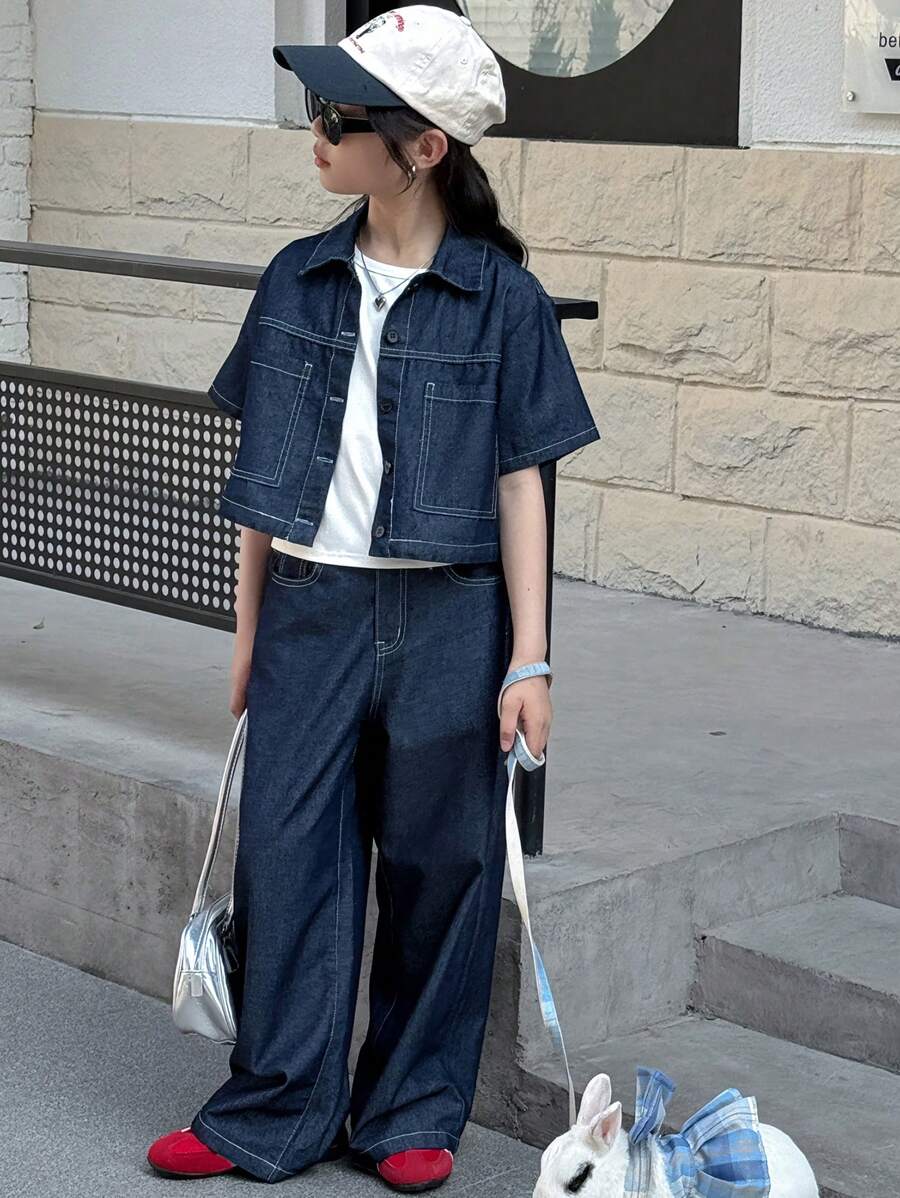 Dazy Kids 青少年女孩牛仔领上衣和牛仔裤套装，春夏季，返校服装