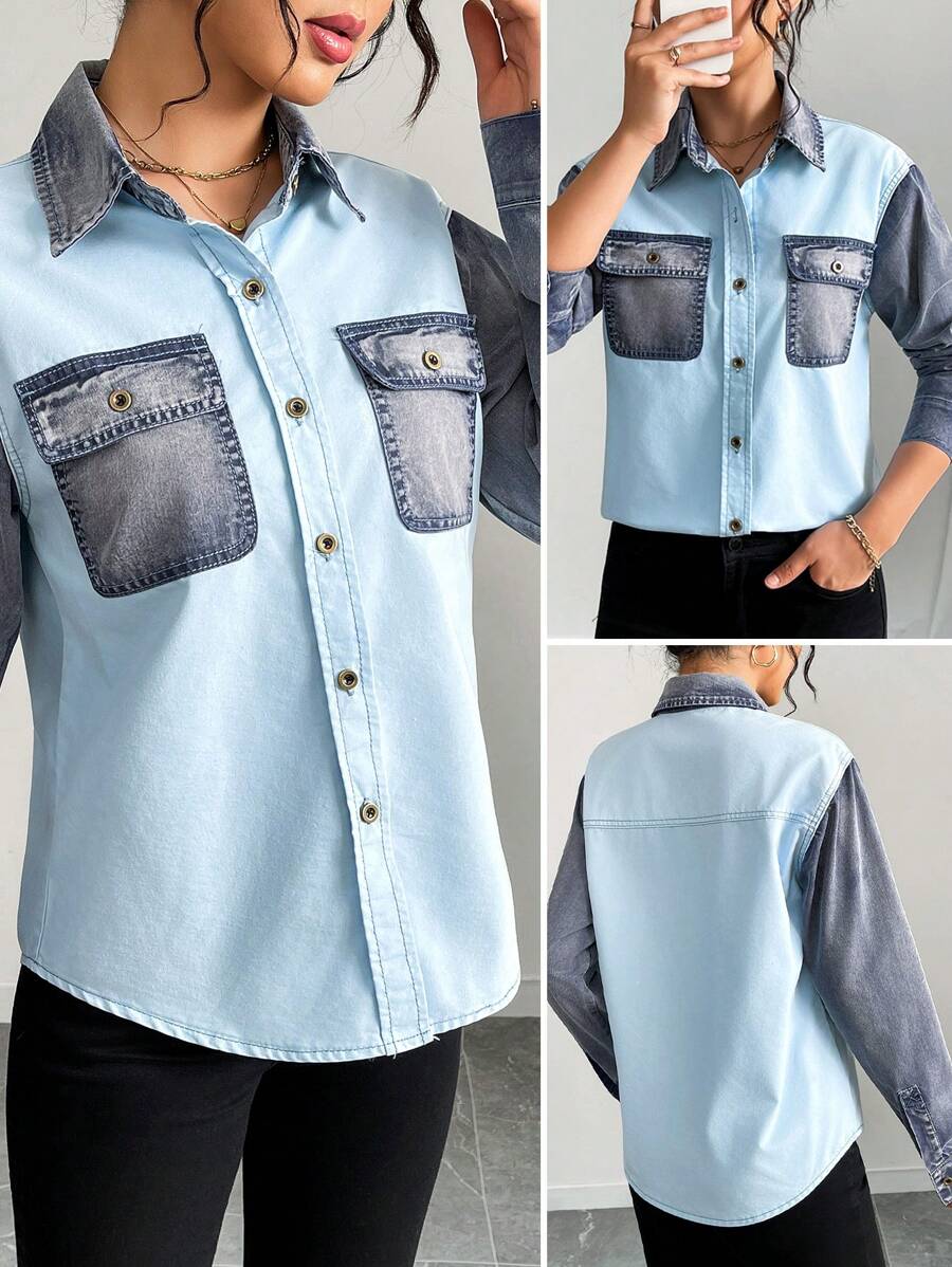 EMERY ROSE Color Block Long Sleeve Casual Denim Shirt - Blue - View 1