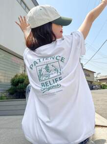 DAZY 山与口号图案落肩T恤 PATIENCE ONE GOOD TIME BELIEF 华丽 SOMETIME BRINGING YOU A Cool SUMMER THIS IS OUR TIME 超大T恤 - 白色 - 查看 8