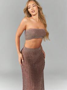 MISSGUIDED Metallic Knit Beach Cover Up Set Bandeau Top Maxi Skirt Two Piece Resort Vacation Poolside Swimsuit Cover Up Beachwear Summer Party Festival