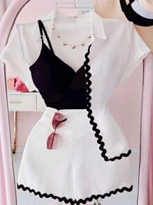 Elenzga Bộ 2 áo sơ mi và quần short họa tiết hoa thời trang đi nghỉ mát cho nữ - trắng - Xem 3