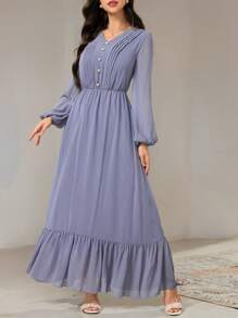Veilorie Vestido elegante de estilo árabe para mujer con cuello en V, mangas farol y pliegues en color liso