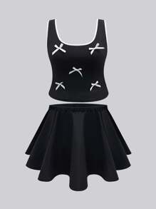 Flirla Plus Size Black And White Summer 2 Pieces Set,Cute Birthday Graduation Women Outfit,Bow Spliced Top And High Waisted Loose A-Line Skirt College Suit - Black - View 2