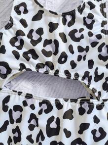 SHEIN Babygirl Summer Cute Knitted Leopard Print Hollow-Out Swimsuit - White - View 3