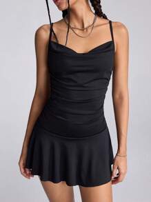 SHEIN EZwear Vestido deslizante negro mini con escote profundo y plisado, para primavera/verano