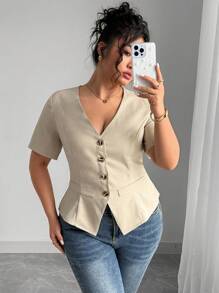 Elenzga Blusa de manga corta con cuello en V de estilo francés para mujer talla grande, de verano
