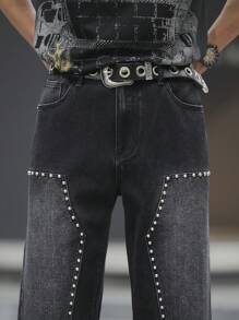 Manfinity LEGND Men's Black Denim Avant-Garde Street Casual Jeans With Zipper Details And Studded Accents