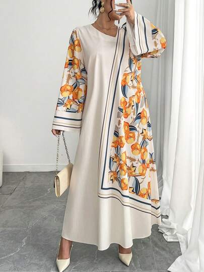 Yasmyna Plus Size Loose Woven Long Sleeve Casual Arab Style Dress, Modest