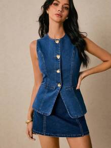 Poéselle Áo denim nữ đính nút kim loại, thời trang mùa hè cho nữ, áo denim kiểu miền Tây, áo denim xanh Y2k phong cách đồng quê, phong cách Old Money, phong cách công sở thường ngày - Rửa trung bình - Xem 6