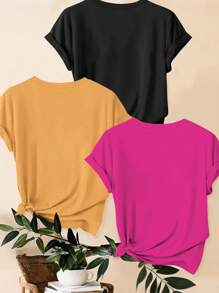 SHEIN LUNE 3pcs/Set Plus Size Casual Leopard Print, Heart & Slogan Graphic Print T-Shirts, Summer