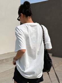 DAZY 熱帶印花和字母圖案落肩T恤 - 白色 - 查看 2