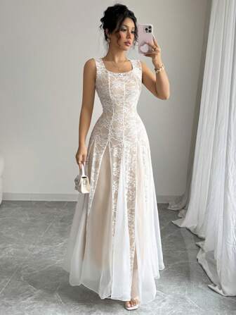 Rafferiza Elegant, ärmlös passad spetsrosa för kvinnor, stor A-linje mesh patchworkklänning, vår/sommar