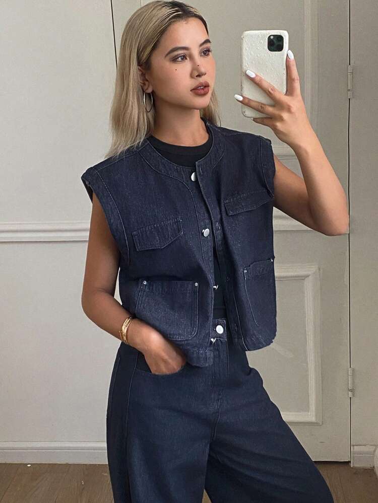 2pcs Women's Casual Outfit Set: Pocket Decor Cardigan Vest And Loose Fit Denim Jeans