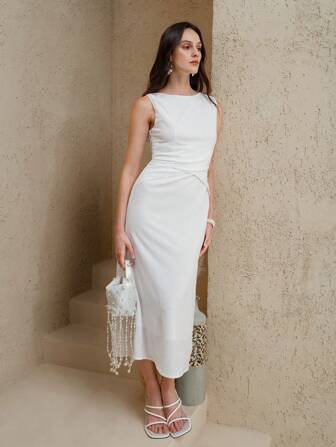 Gloray Vestido midi blanco de cintura ajustada y sin mangas para el verano, para ir al trabajo