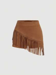 SHEIN MOD 2pcs Women Brown Suede Fringe Set, Suitable For Music Festival, Western Outfit