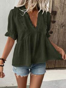 LanaWest Camisa de mujer con escote en V profundo, mangas abullonadas y tela con corte láser 3D