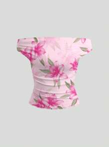 Sweetra Women's Summer Sexy Ruched Off Shoulder Top, Printed Asymmetrical Design - Multicolor - View 5