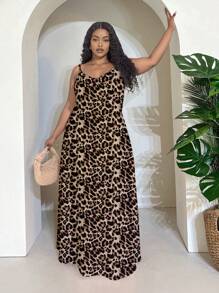Slaydiva Vestido de talla grande de estampado de leopardo minimalista casual, versátil para el verano - Marrón - Ver 8