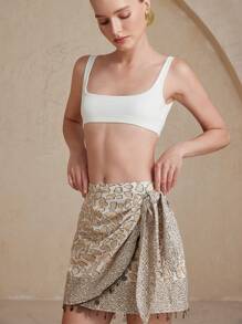 Chiquease Váy bên thắt nút tua rua họa tiết da báo Pom Pom - Màu vàng - Xem 5