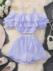 SHEIN Tween Girl Ruffle Off Shoulder Cami Top And Embroidered Shorts 2pcs Set - Mauve Purple - View 1