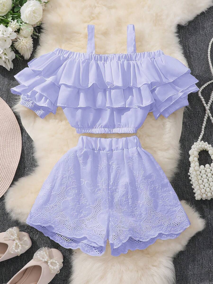 SHEIN Tween Girl Ruffle Off Shoulder Cami Top And Embroidered Shorts 2pcs Set - Mauve Purple - View 1