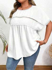 SHEIN CURVE+ 大码瑞士圆点撞色蕾丝蝙蝠袖上衣女士沙滩装/沙滩裙/沙滩度假装/沙滩必备品/毕业/茶会礼服