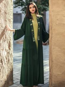 SHEIN Najma Hand-Sewn Rhinestone Beadwork And Tassel Decorations, Elegant Long Open-Front Long-Sleeved Coat - Abaya, Suitable For Daily Wear, Festivals And Eid Gatherings., Modest Robe - Dark Green - View 3
