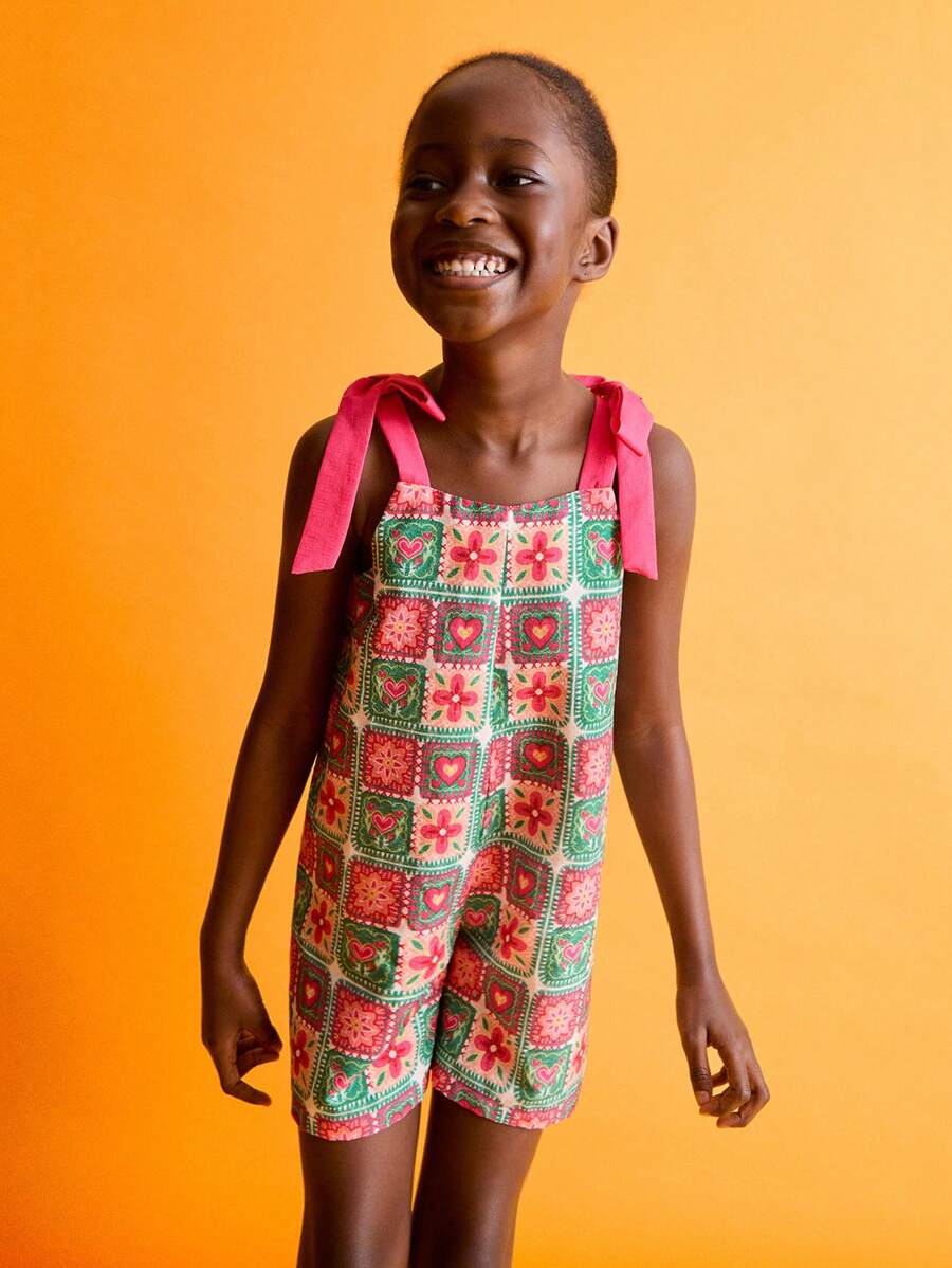 SHEIN Young Girls' Butterfly Strap Patchwork Ruffle Hem Vacation Style Bodysuits & Jumpsuits, Summer - Multicolor - View 1