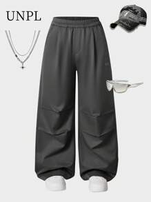 SHEIN Tween Boys' Solid Color Elastic Waist Pleated Loose Relaxed Cargo Pants - Grey - View 3